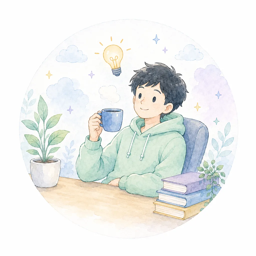 コーヒーを片手にひらめくWashokuのポートレートイラスト