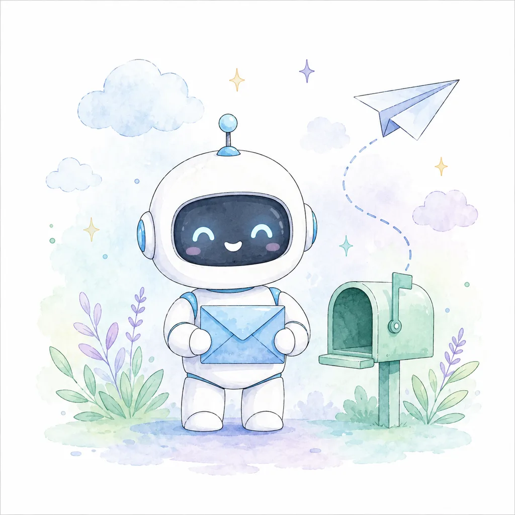 封筒を持ったロボットが紙飛行機を見送るイラスト