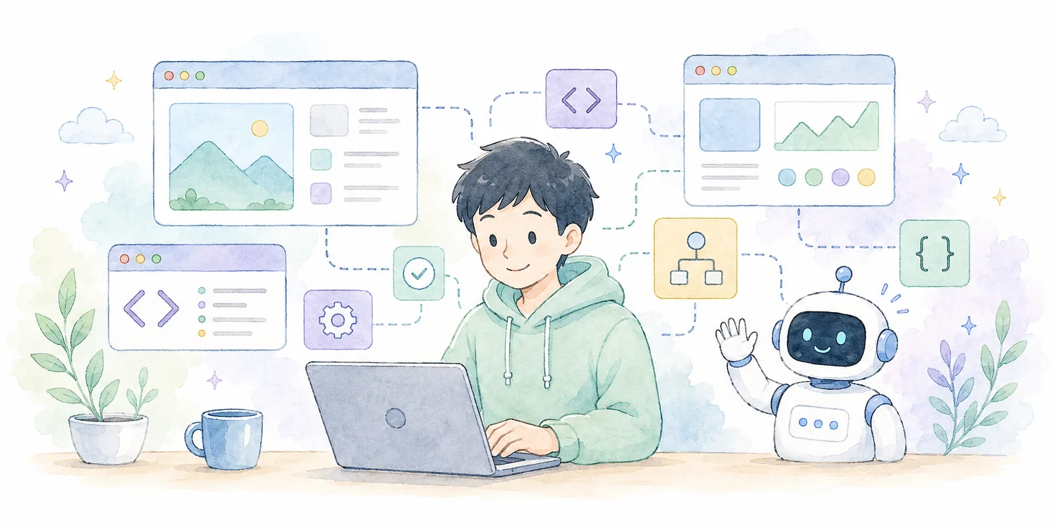 ノートパソコンで開発するWashokuと、隣で手を振る小さなロボットの水彩イラスト